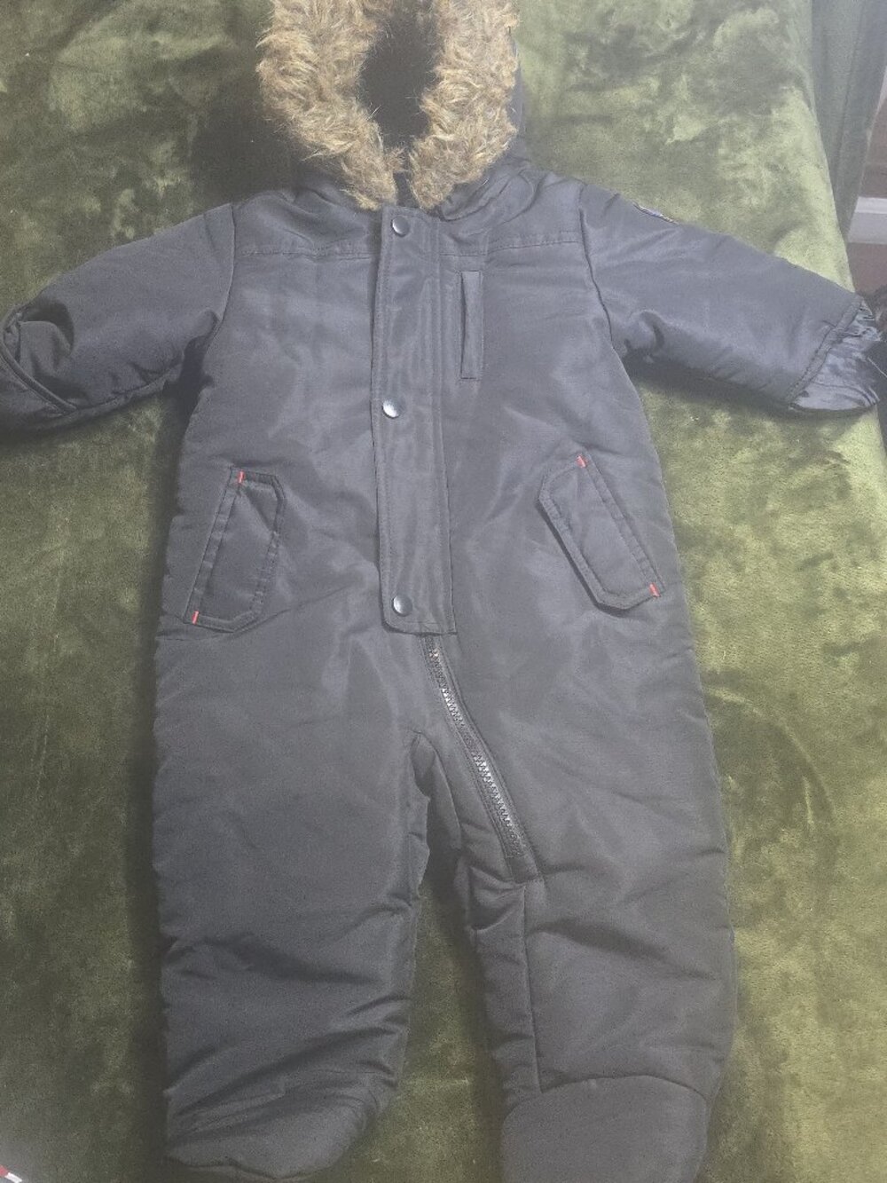 Rothschild 1881 Expedition Baby Pram Snowsuit 12M Black Faux Fur Hood Footed